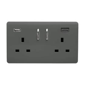 ART-SKT213USB31ACCH  2 Gang 13Amp Short S/W Double Socket With 1 x Type A & 1 x Type C 3.1mAh USB Charcoal